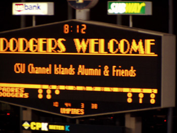 Dodgers Score board welcoming CSU Channel Islands Alumni and Friends