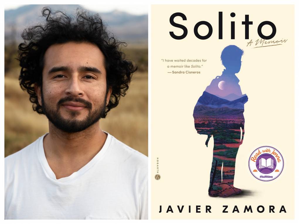 Split Portrait of author Javier Zamora on the left and cover of book "Solito" on right