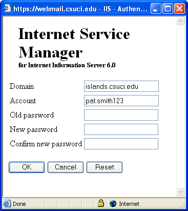 Internet Services Manager password reset form