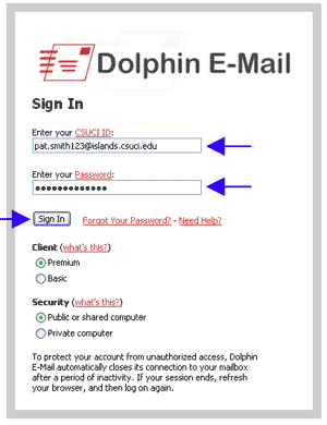 Sign In section of Dolphin Email logon page