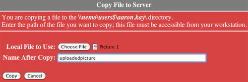 Copy File to Server page with new file name filled in.
