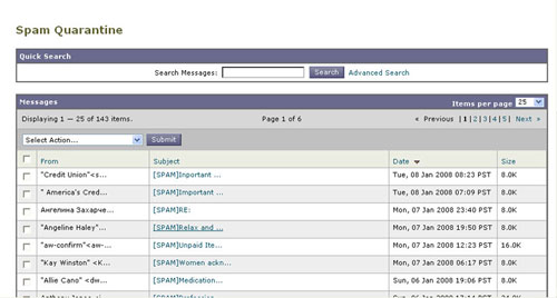 Screenshot of spam quarantine messages.