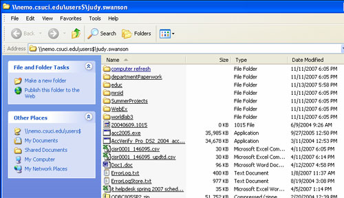 Windows explorer window displaying stored network files.