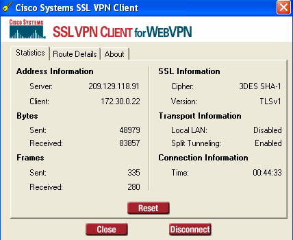SSLVPN for WebVPN dialog box. Click "Disconnect" to stop your session.
