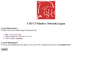 Screenshot of wireless logon information and status page