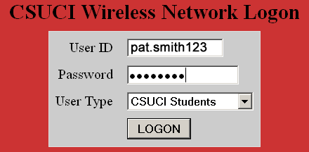 Figure 2: Screenshot of the User ID, Password and User Type boxes in the Wireless Logon form