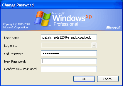 Change password dialog box, with 4 active text fields: User name, Old Password, New Password, and Confirm New Password