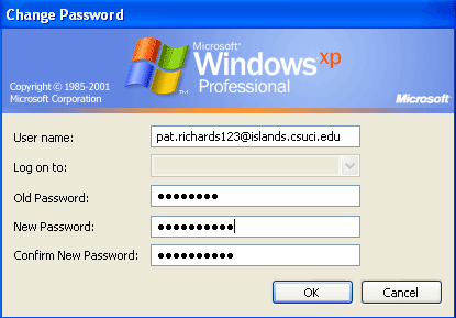 Change Password dialog box with new password entered in both New Password and Confirm New Password fields