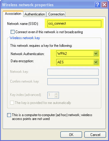 Image showing the Network Name, Network Authentication, and Data encryption filled out