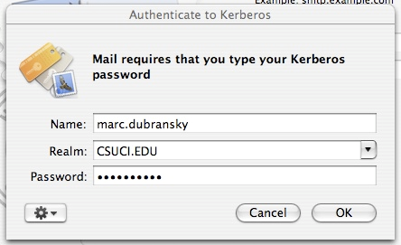 Screenshot of Authenticate to Kerberos dialog