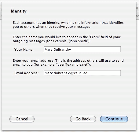 Screenshot of Identity window; includes 2 fields to be filled out: &quot;Your Name&quot; and &quot;Email Address&quot;