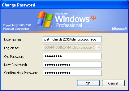 Change Password dialog box with New Password and Confirm New Password text fields filled in