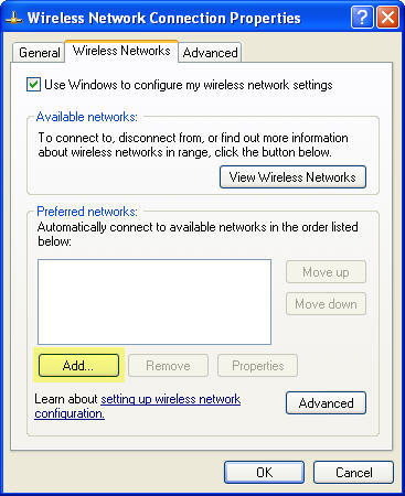 Screenshot showing the "Add" button in the Wireless Networks tab