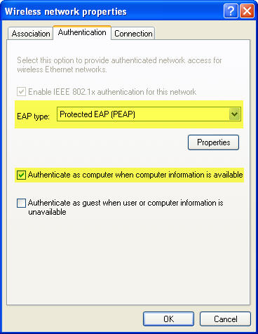 Screenshot showing EAP type set to "Protected EAP (PEAP)" and the "Authenticate as computer..." checkbox checked