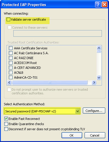 Screenshot showing the 'Validate server certificate' checkbox unchecked and the "Select Authentication Method" set to "Secured password (EAP-MSCHAP v2)" in the Protected EAP Properties dialog