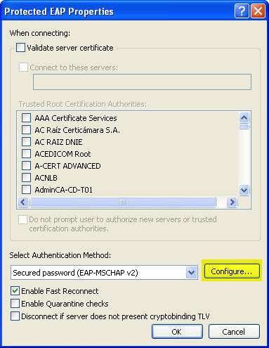 Screenshot showing the location of the "Configure..." button in the Protected EAP Properties dialog