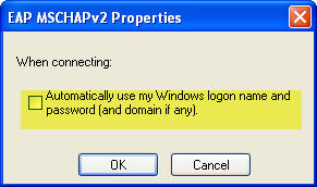 Screenshot showing the "Automatically use my Windows logon name and password (and domain if any)" checkbox unchecked in the EAP MSCHAPv2 Properties dialog