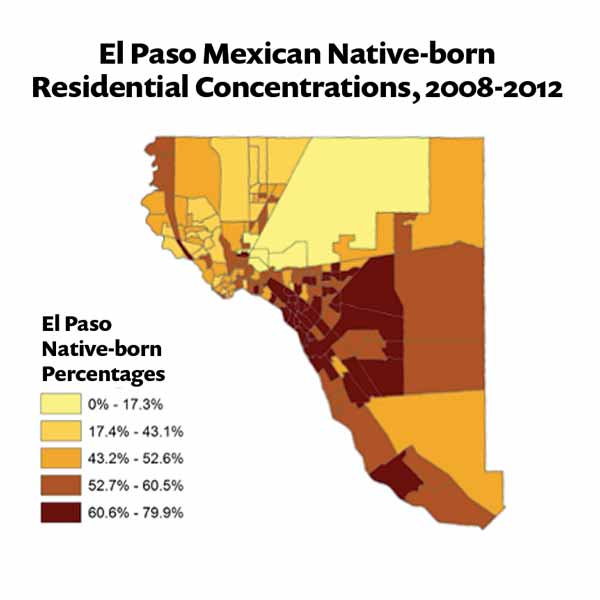 Map showing El Paso Mexican Native-born Residential Concentrations, 2008-2012