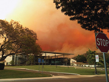 The Camarillo Springs fire creeps behind Broome Library