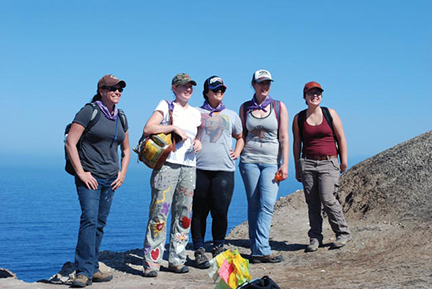Perry (shown on left) and her UNIV 498 students on a field trip to Santa Cruz Island in April 2013 to conduct archaeological fieldwork on behalf of Channel Islands National Park
