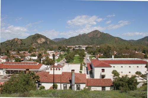 view of campus from well on hillside above science building.