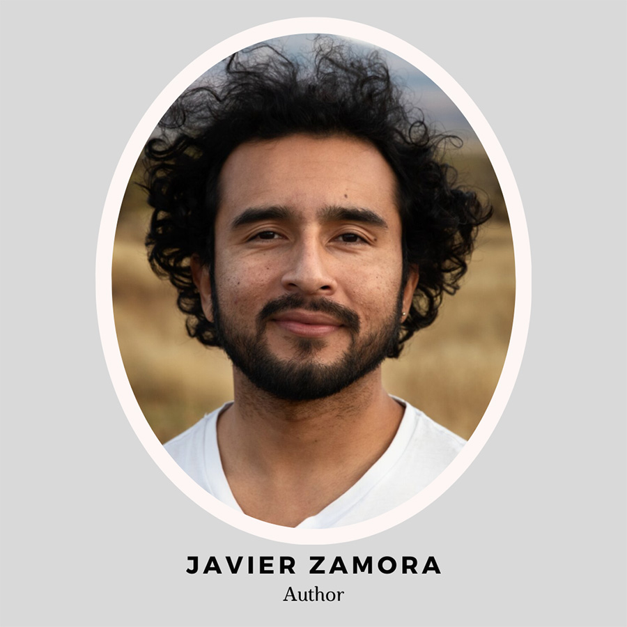 Author Javier Zamora is shown in a portrait/headshot with a white t-shirt and dark hari