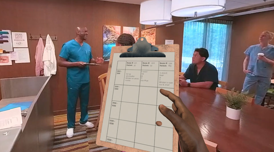 POV holding a clipboard surround by a team of nurses