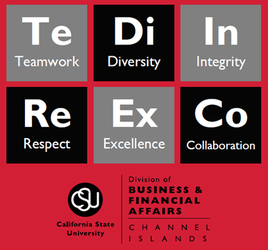 The logo has the six keywords teamwork, diversity, integrity, respect, excellence and collaboration listed.
