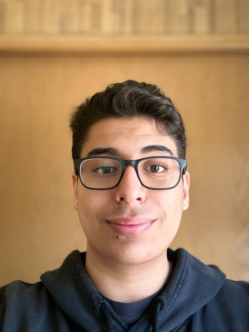 Ramy is smiling directly at the camera. He is wearing dark rimmed glasses, has short brown hair, and is wearing a black hoodie.