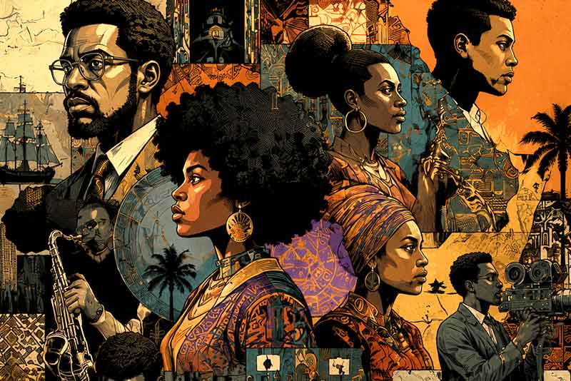 Stylized collage of Black people throughout their rich history