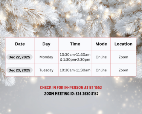 Drop-In Advising Schedule Week of December 22