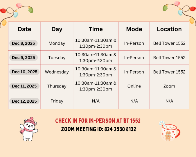 Drop-In Advising Schedule December 8-12