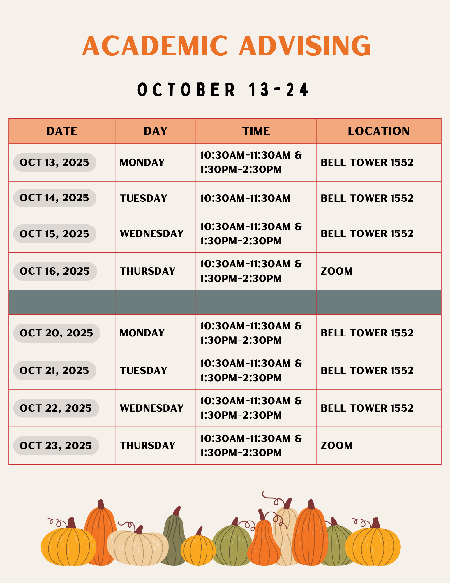 Drop-In Advising Schedule Weeks of Oct. 13 and 20 