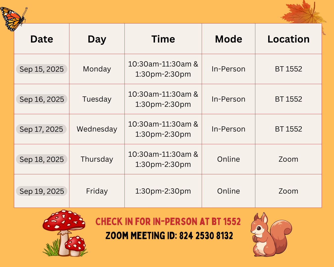 Drop-In Advising Schedule Week of Sept. 15