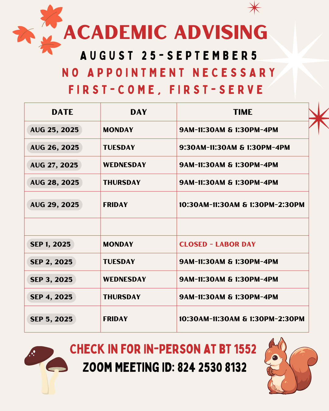 Fall 2025 Extended Drop-In Advising Schedule