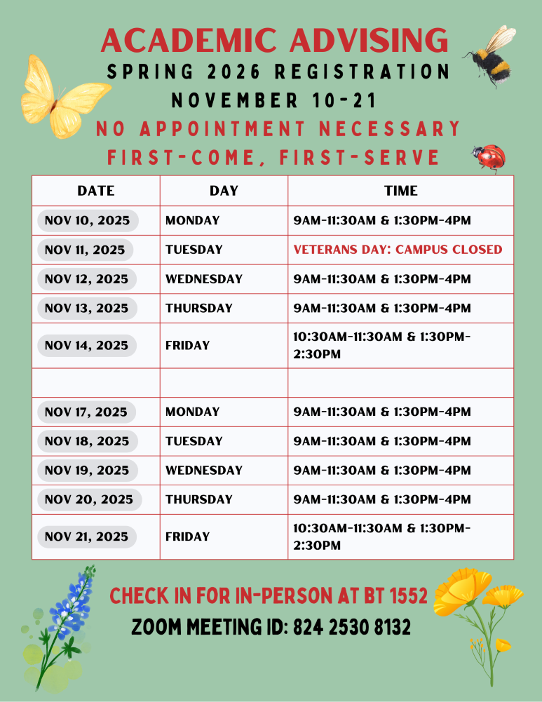 Drop-In Advising Schedule Spring 2026 Registration Drop-In Advising Schedule Spring 2026 Registration