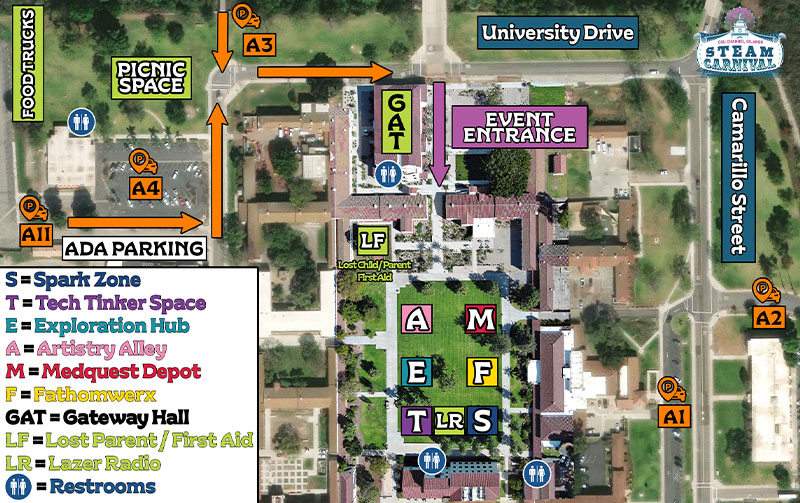 2026 CSUCI STEAM Carnival Map Site map for the STEAM Carnival in the North Quad