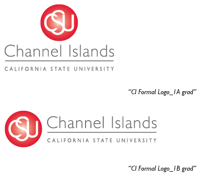 1A logo (red to white gradient sphere with the letters CSU in white and California State University Channel Islands in grey below the sphere); The 1B Logo has the University name to the right.