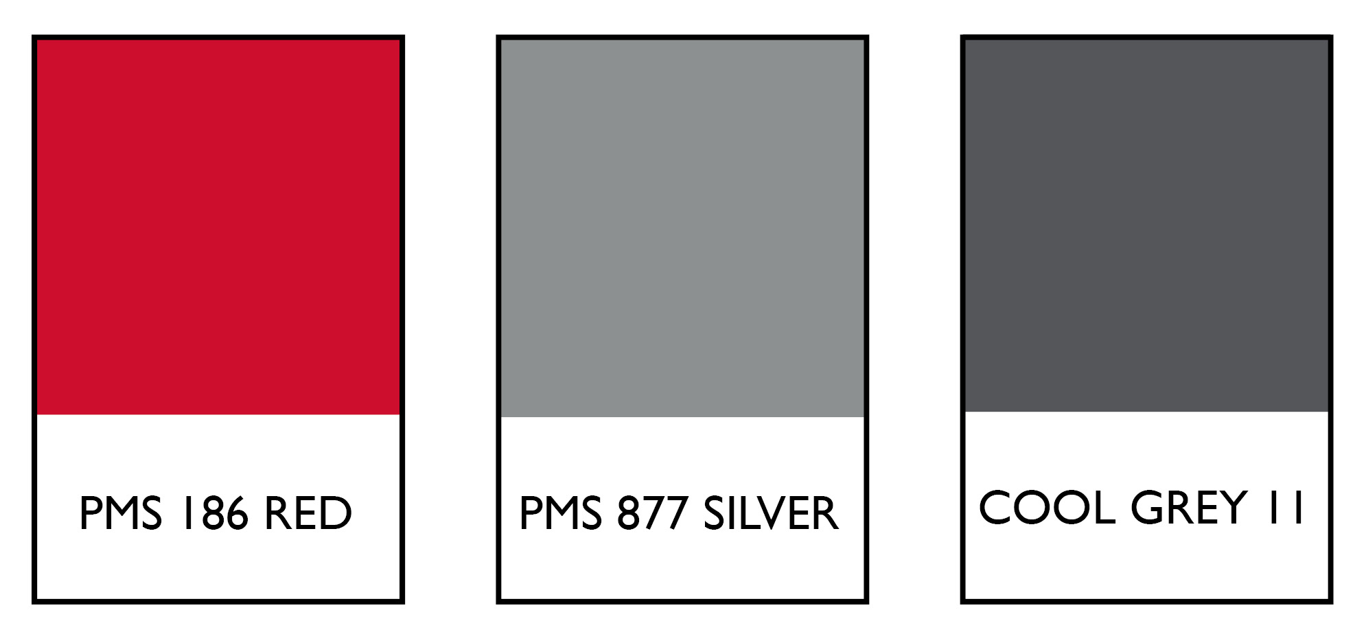 Pantone chips - 186, 877 and Cool Grey 11.