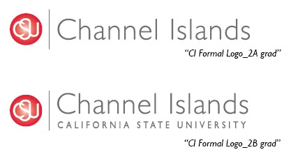 2A logo (red to white gradient sphere with the letters CSU in white and Channel Islands in grey to the right of the sphere); The 2B Logo has California State University Channel Islands in grey to the right.
