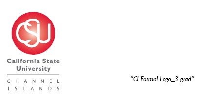 Variation 3 Logo (Red to white gradient sphere with the letters CSU in white and California State University Channel Islands in grey below the sphere)