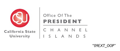Variation 4 Logo (Red to white gradient sphere with the letters CSU in white and California State University below the sphere; Office of the President Channel Islands to the right separated by lines)