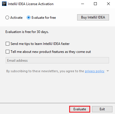 Window where you can click "Evaluate" to start the trial of IntelliJ Idea