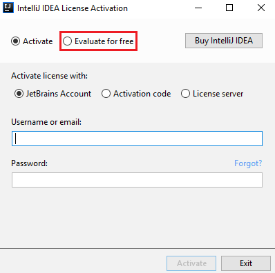 Window that appears if IntelliJ Idea license is not activated