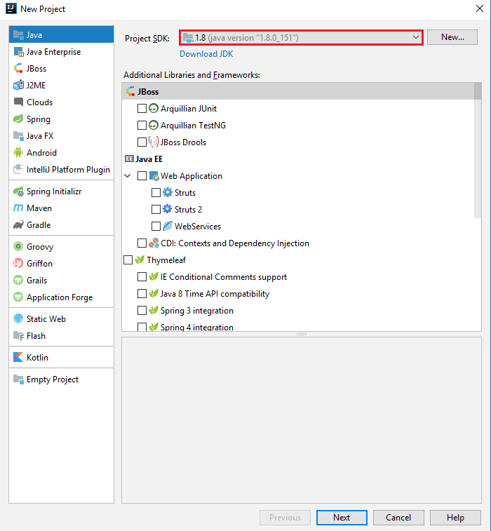 Screen that shows a selected JDK, project ready to be created