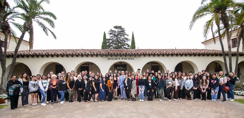 President Yao with scholarship recipients in front of Rush Hall