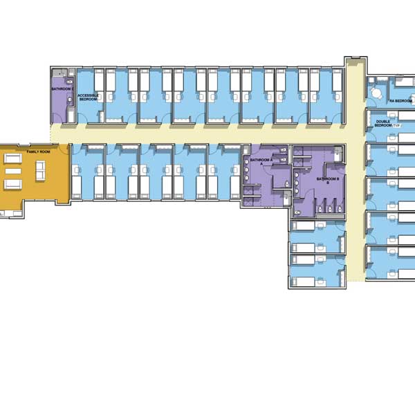 Santa Rosa Pod Layout: family room (yellow), bedrooms (blue), bathrooms(purple)