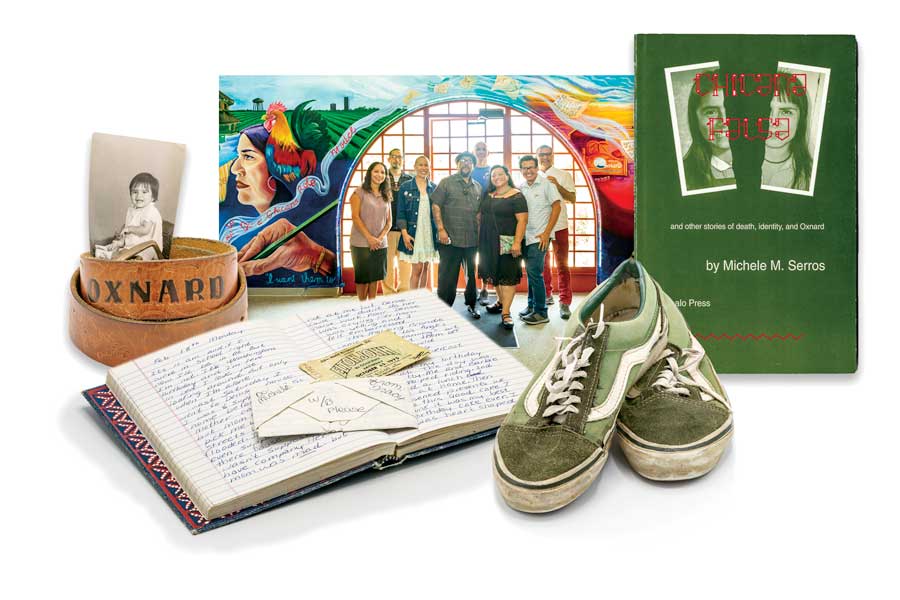 Bowl with Oxnard written on it, baby photos, journal, and peope standing in front of Michele Serros Mural