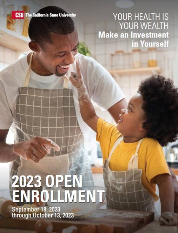 promo photo of a dad and son in a kitchen for open enrollment 2023