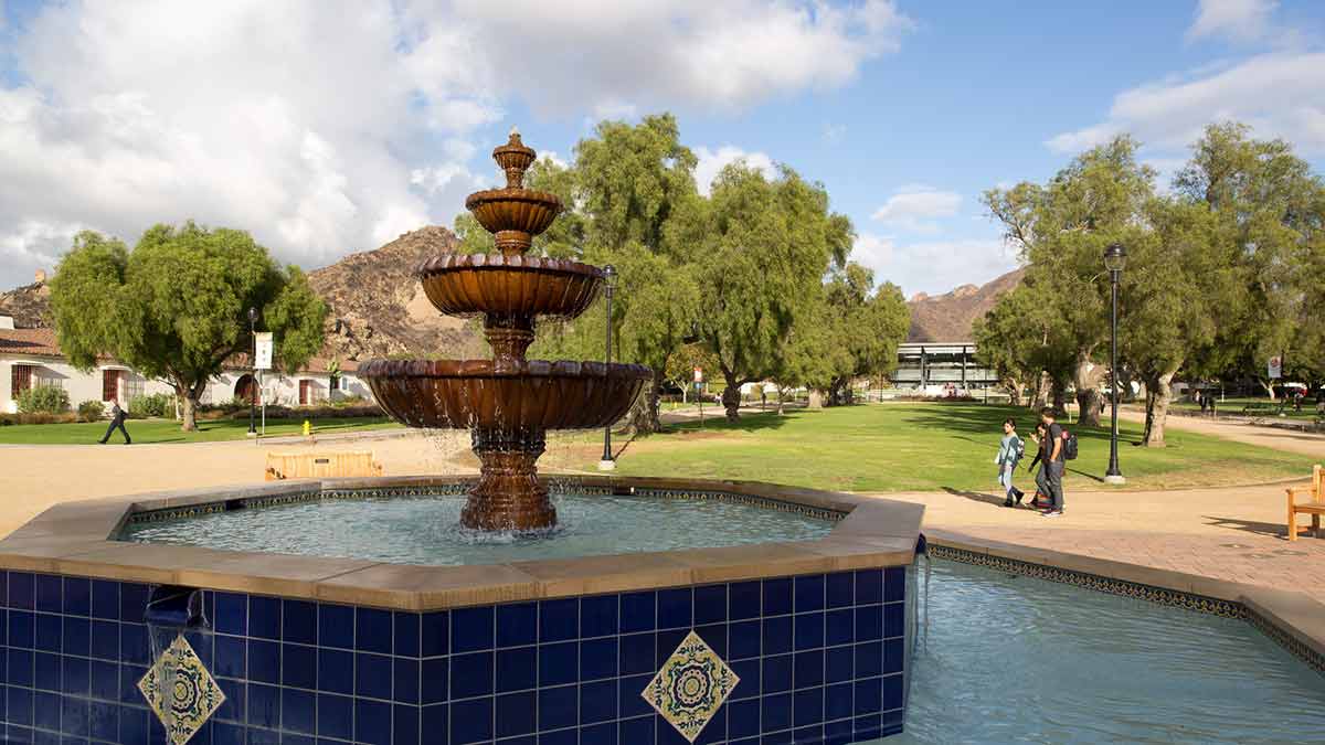 Spanish Mission-style Central mall fountain with broome librarys in the background